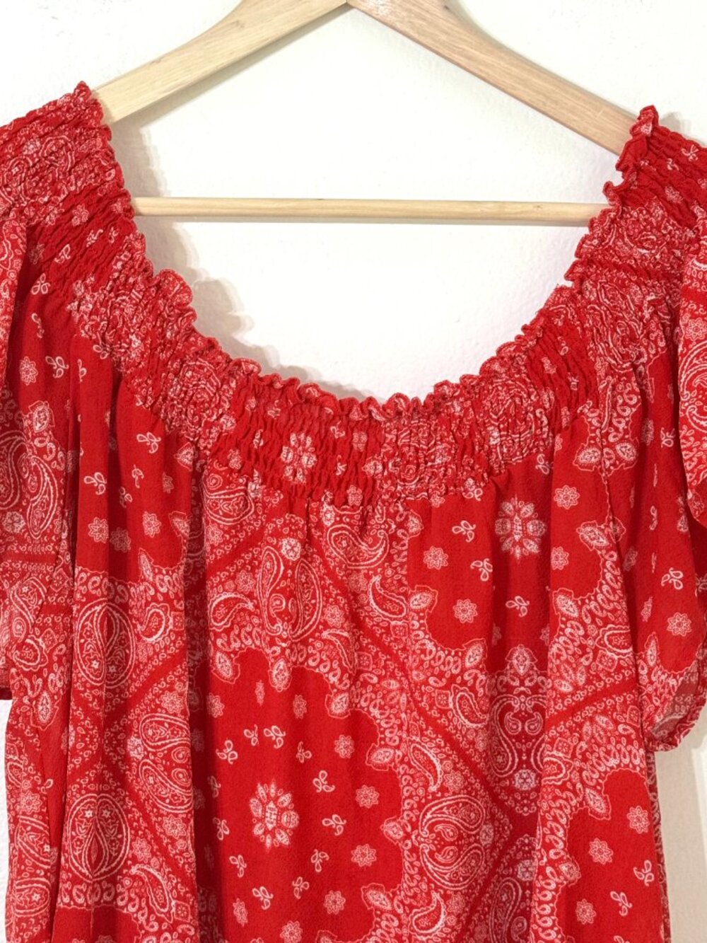 Self Esteem Red Bandana Flowy Blouse 3X Smocked Neckline July 4 Americana - Picture 2 of 9